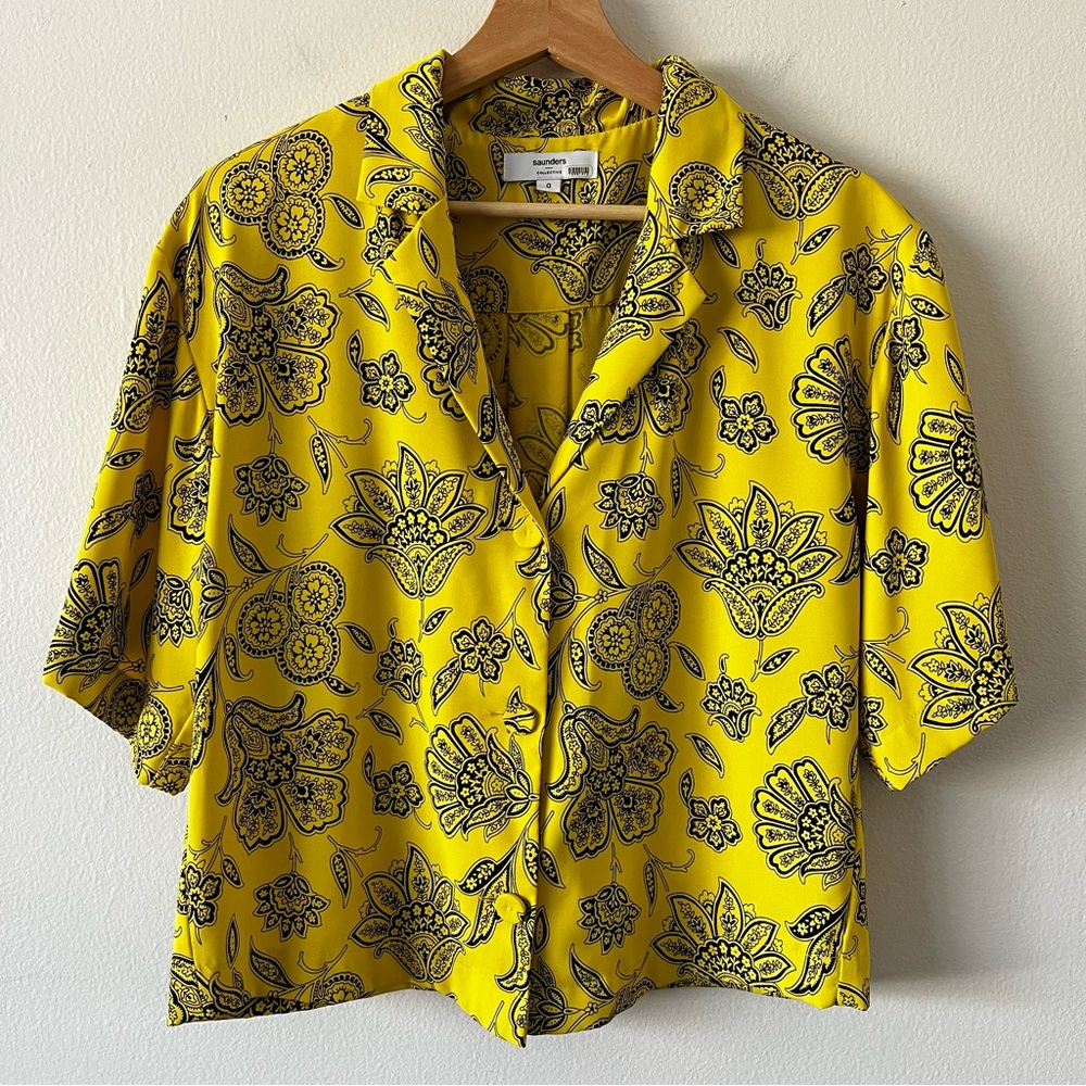 Saunders x RTR Rox Top Yellow Floral‎ Short Sleeve V-Neck Button Front size 0 - Picture 5 of 13